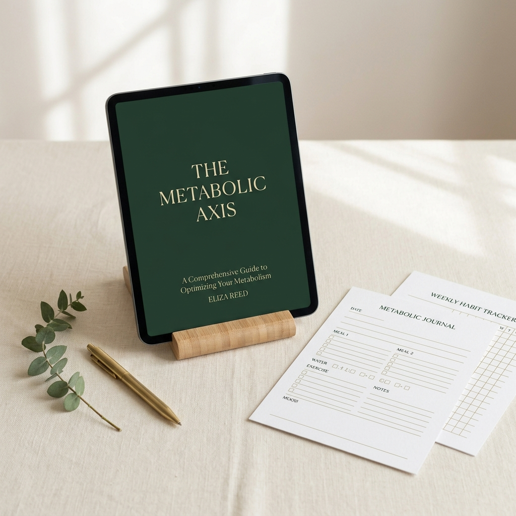 The Metabolic Axis guide shown on a tablet with printed tracker pages